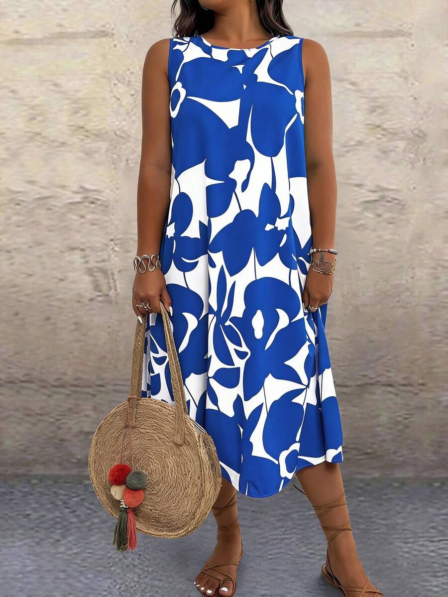 Breezaya Plus Size Sleeveless Allover Print Casual Vacation Dress - Blue - View 1