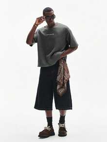 Men's Minimalist And Versatile Short-Sleeved T-Shirt With Round Neck And Letter Print - 黑與白 - 查看 3