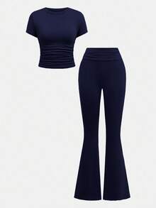SHEIN Girlism Tween Girl Casual Fitted Light Blue Ruched Crew Neck Top And Ruched Flare Pants Set - Navy Blue - View 9