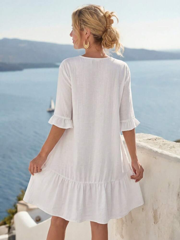 Flounce Sleeve Ruffle Hem Button Front Kimono Summer