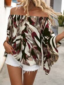 Breezaya 女士全印花露肩休闲百搭日常上衣 - 酒紅色 - 查看 6