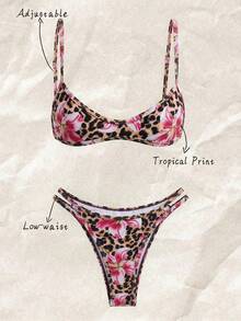 Elavelle 2pcs/Set Women's Random Print Spaghetti Strap Sexy Bikini Set, Summer - Multicolor - View 1