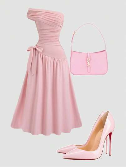 GlowEve Women's Solid Color Pleated Side Knot Elegant Mid-Length Dress