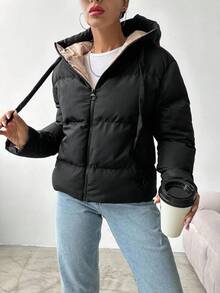RueChic Zip Up Drawstring Hooded Padded Coat - Black - View 6