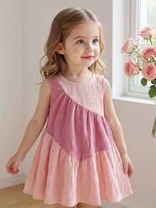 SHEIN Vestido Rosa de Retalhos em 3 Camadas para Bebês Meninas, Saia de Bolo com Bainha Franzida Contrastante, Vestido Casual de Princesa Fofo e da Moda - Multicolorido - Visão 4