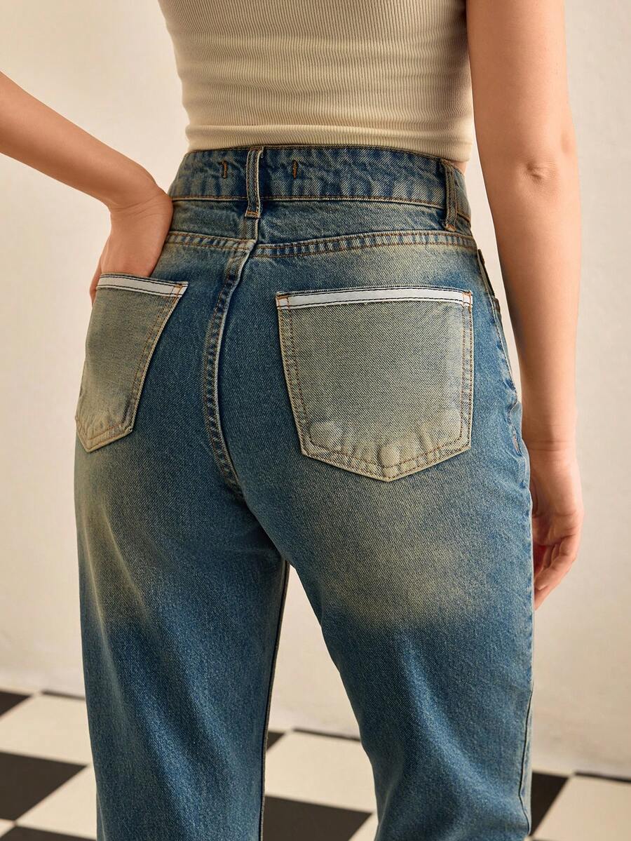 CasuGlow Casual Washed Retro High Waist Straight Leg Jeans - Medium Wash - View 1