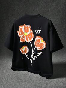 Manfinity EMRG 男士花卉壓紋印花短袖T恤，黑色與橘色街頭風夏季城市度假、戶外音樂節日常穿著，送給丈夫的禮物 - 黑色 - 查看 2