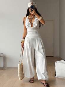 Coolane Pantalones holgados de cintura baja, cómodos y de algodón, con estilo vintage y apropiados para uso diario, vacaciones y salidas casuales, en con el estilo Y2K para mujer en primavera/verano - Blanco - Ver 4