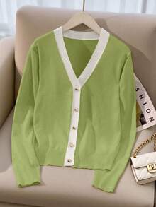 SHEIN LUNE 新款春秋季修身简约韩版撞色V领开衫，活力抗衰老百搭女士轻薄毛衣 - 綠色 - 查看 3