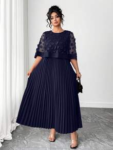SHEIN PETITE CURVE Plus Size Women Floral Decor Patchwork Pleated Hem Dress - Navy Blue - View 3