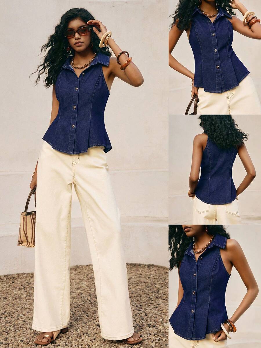 Poéselle New Women's Sleeveless Slim-Fit Denim Shirt, Dark Blue, Suitable For Casual Everyday Wear. Summer Top Spring Outfit Women Casual Blouse For Women Work Outfits For Women - Dark Wash - View 1