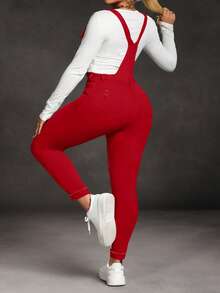 Slaydiva Plus Size Women Casual Distressed Denim Jumpsuit - Red - View 3