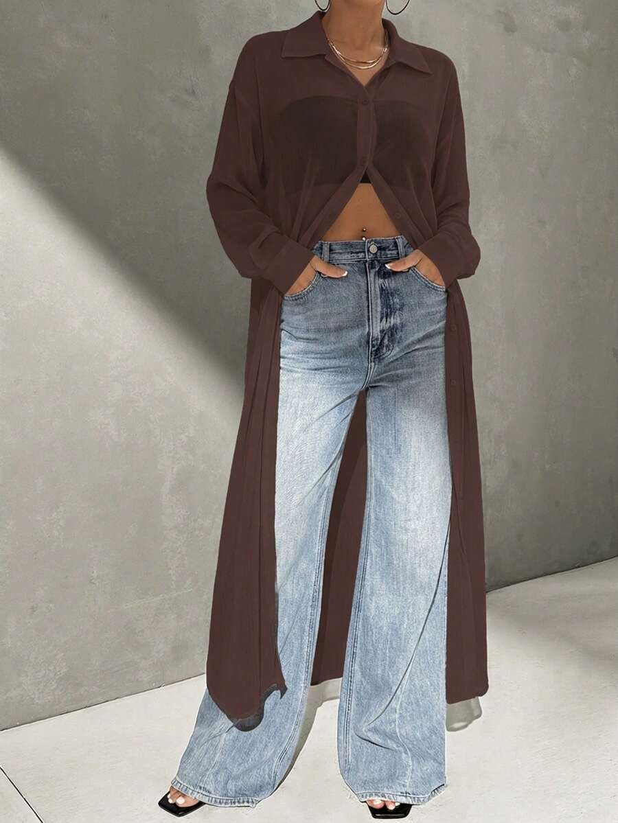 Firerie Chaqueta de protección solar de gasa blanca para mujer, estilo francés suelto de media longitud, ligera, para verano - Café integral - Ver 1