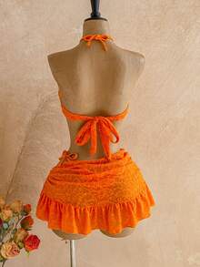 Soleia Women's Solid Color Jacquard Bikini Set, Suitable For Beach Vacation Summer Bathing Suit - Orange - View 3