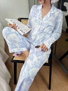 SHEIN Women's Bubble Print Lapel Cardigan Pajama Set - Blue and White - View 6