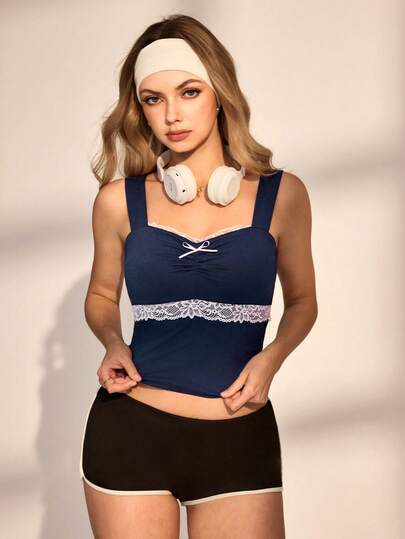 Medorelle 女士纯色方领蕾丝拼接修身上衣