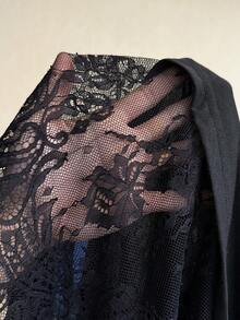 Elaquor 大码纯色圆领短袖蕾丝拼接宽松T恤，夏季 - 黑色 - 查看 7