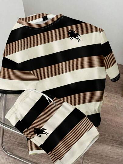 Manfinity Joysei Men's Summer Spring Casual Beige Cream Off White Black Brown Khaki Tan Horizontal Stripe Line Horse Horseback Polo Player Rider Knight Logo Chest Print Color Block Graphic Print T-Shirt Shorts Matching Set 2 Piece Outfit Co Ord Set Vintage Streetwear Preppy Old Money Classic Elegant British Style Going Out Club Party Vacation Holiday Resort Crew Neck Short Sleeve Drawstring Elastic Waist Oversized Loose Fit Breathable Soft Top Bottoms