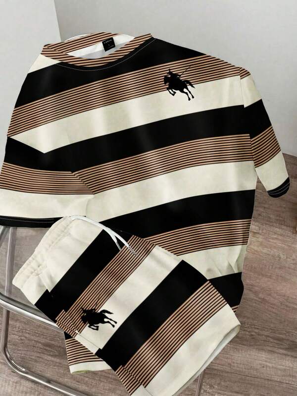 Manfinity Joysei Men's Summer Spring Casual Beige Cream Off White Black Brown Khaki Tan Horizontal Stripe Line Horse Horseback Polo Player Rider Knight Logo Chest Print Color Block Graphic Print T-Shirt Shorts Matching Set 2 Piece Outfit Co Ord Set Vintage Streetwear Preppy Old Money Classic Elegant British Style Going Out Club Party Vacation Holiday Resort Crew Neck Short Sleeve Drawstring Elastic Waist Oversized Loose Fit Breathable Soft Top Bottoms