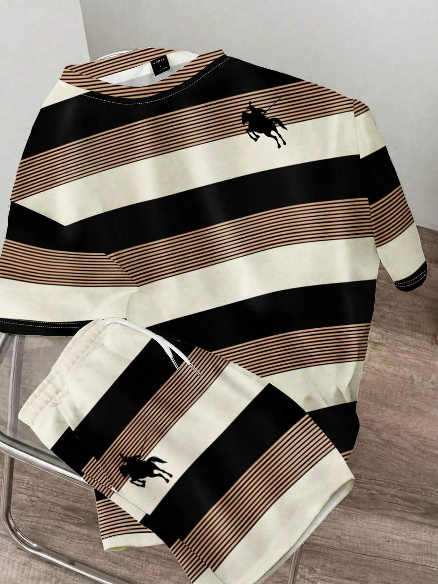 Manfinity Joysei Men's Summer Spring Casual Beige Cream Off White Black Brown Khaki Tan Horizontal Stripe Line Horse Horseback Polo Player Rider Knight Logo Chest Print Color Block Graphic Print T-Shirt Shorts Matching Set 2 Piece Outfit Co Ord Set Vintage Streetwear Preppy Old Money Classic Elegant British Style Going Out Club Party Vacation Holiday Resort Crew Neck Short Sleeve Drawstring Elastic Waist Oversized Loose Fit Breathable Soft Top Bottoms - Multicolor - View 1