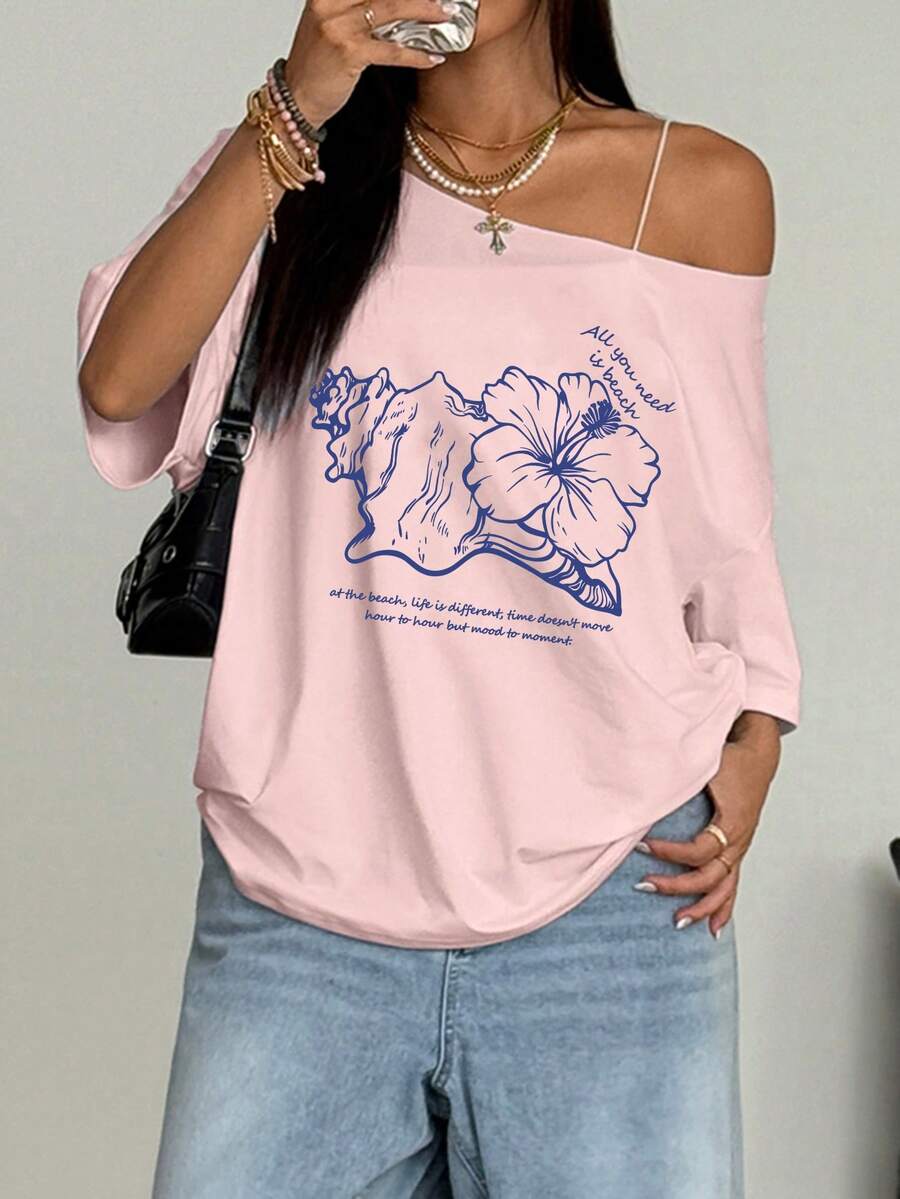 StreetHx 女士宽松白色T恤，露肩芙蓉花印花沙滩风超大码T恤 - 粉色 - 查看 1