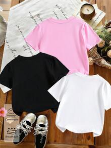 3件套少女休闲可爱卡通儿童T恤，时尚可爱印花圆领短袖T恤，图案包括水豚喝珍珠奶茶、卡通猫、“能翻跟头何必走路”等，舒适夏季款式，适合春、夏、秋季穿着，白色、粉色、黑色可选，日常百搭。 - 粉色 - 查看 2