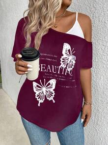 SHEIN LUNE 大码女式蝴蝶印花不对称领T恤图案上衣 - 中紫紅色 - 查看 4