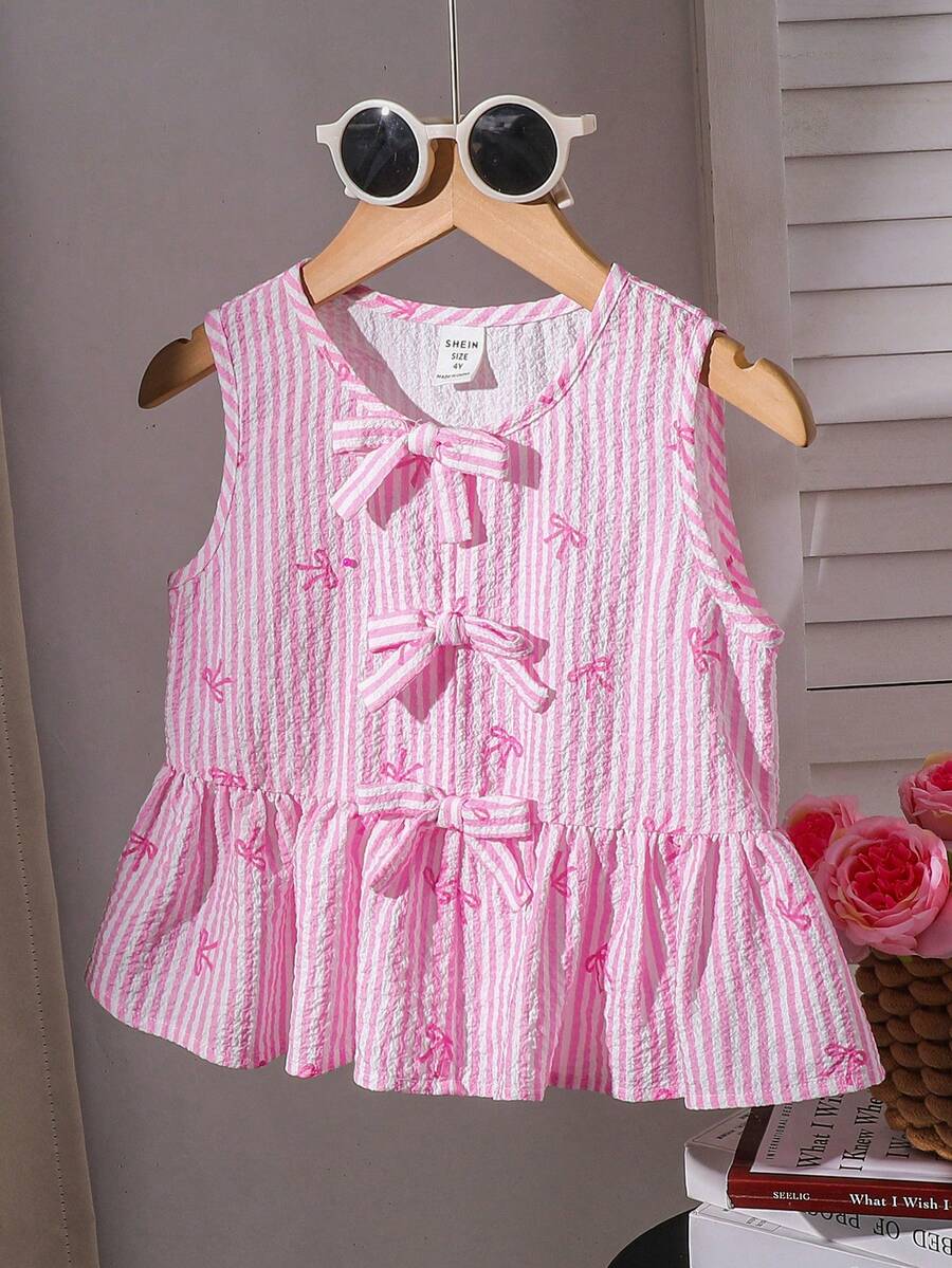 SHEIN Babygirl Cute Casual Vacation Pink & White Striped Bow Camisole - Multicolor - View 1
