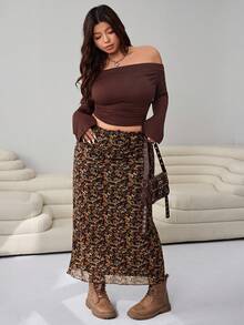 Enliva 2025 Autumn/Winter New Casual Outgoing Daily Wear Party Date Holiday Multi-Occasion Versatile Elastic Waist Earth Tone Ditsy Floral High Stretch Mesh Print Plus Size Skirt, For Apple And Rounded Body Shape - Multicolor - View 5