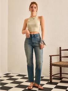 CasuGlow Casual Washed Retro High Waist Straight Leg Jeans - Medium Wash - View 4
