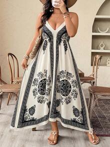 Weeklong Plus Size Women Elephant Print Asymmetric Strap Vacation Dress - Apricot - View 3