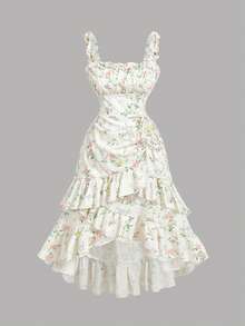 SHEIN MOD Đầm dạ hội cổ điển nhiều lớp màu mơ lãng mạn, kiểu dáng cung đình, viền bèo nhún, cỡ lớn dành cho phụ nữ. - Màu be - Xem 4