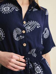 Écloséra Women's Casual Vacation Style Navy Blue Paisley Pattern Slim Waist Slimming Jumpsuit Button Jumpsuit Women's Casual Vacation Style Women's Navy Blue Jumpsuit Women's Paisley Pattern Jumpsuit Women's Slim Waist Slimming Jumpsuit Women's Button Jumpsuit Women's Short Sleeve Jumpsuit Women's Summer Casual Vacation Style Everyday Wear Women's Casual Outings - Navy Blue - View 2
