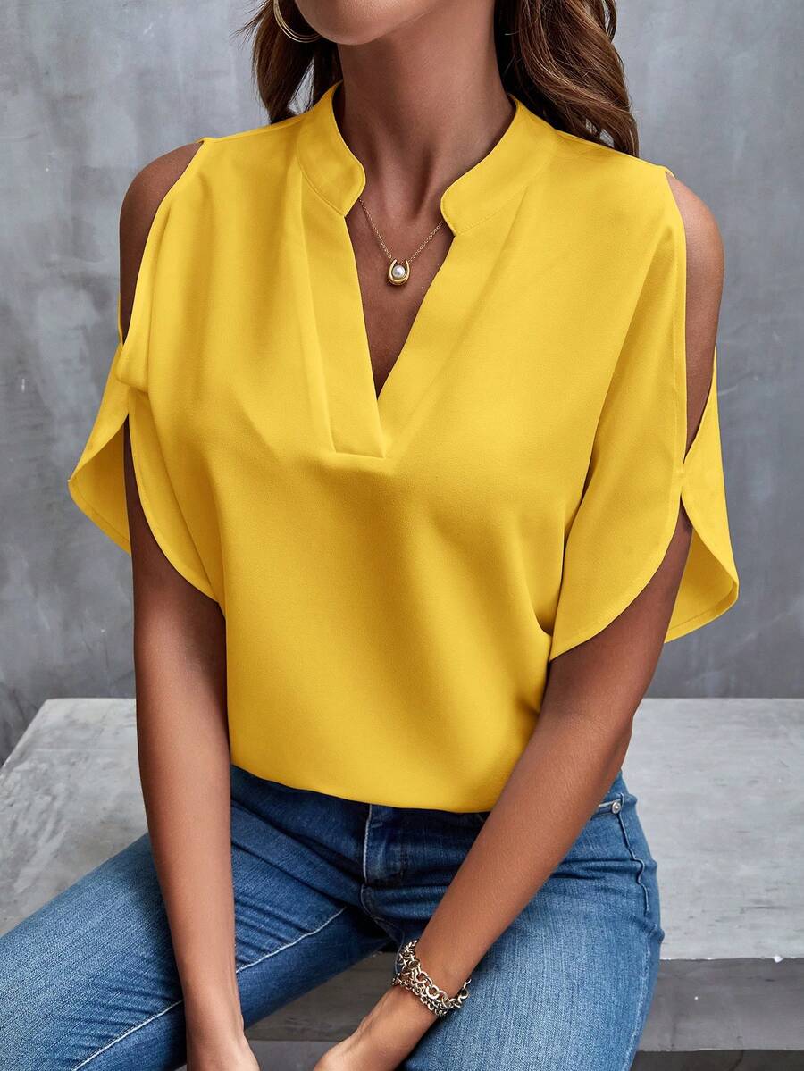 SHEIN Clasi 纯色露肩开衩袖白色衬衫