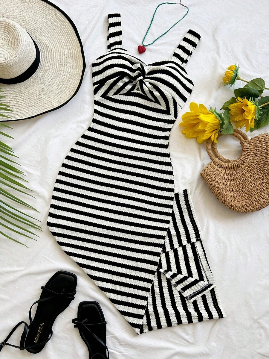 Soleia Đầm midi hai dây xoắn phía trước kẻ sọc kiểu dáng thường ngày dành cho nữ, mùa hè. - Đen và trắng - Xem 1