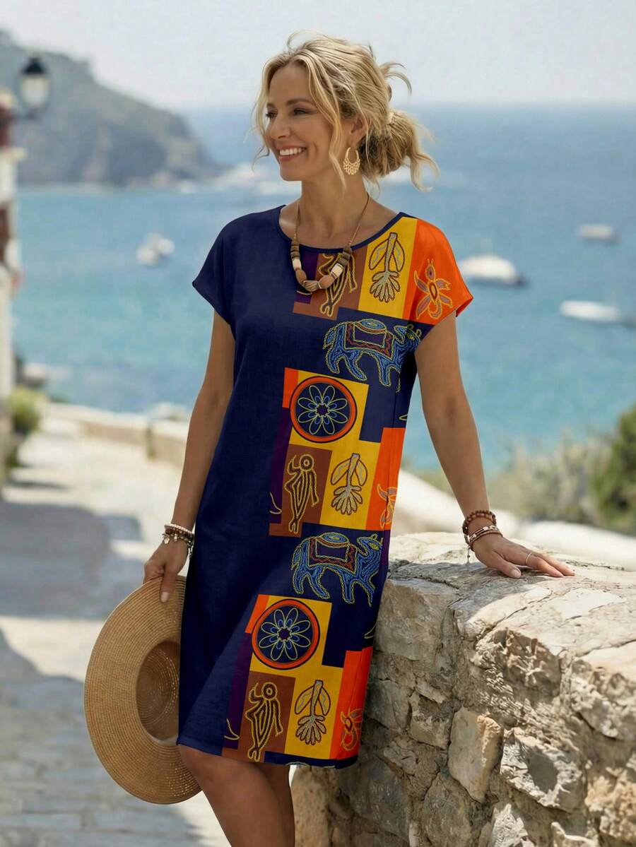 EMERY ROSE Casual Minimalist Vacation Printed Women Short Dress - Multicolor - View 1