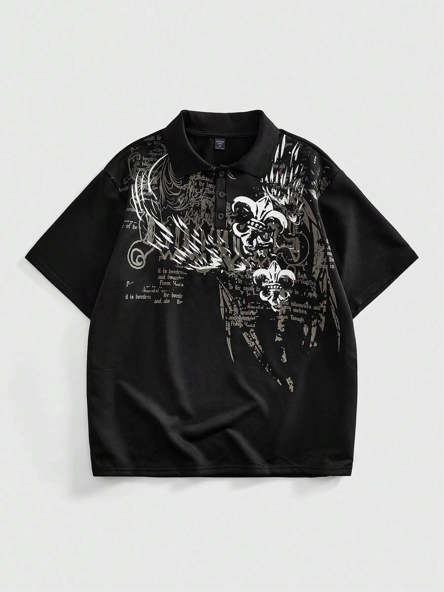 ROMWE MEN 男士复古印花宽松短袖Polo衫 - 黑色 - 查看 1