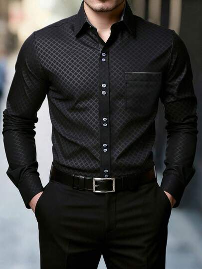 Manfinity Mode Camisa casual de manga larga con botones y bolsillo de unicolor para hombre, Camisa de contraste a cuadros negra y blanca para hombre, Camisa de vestir negra para hombre con diseño de rombos texturizados, cómoda camisa de manga larga con botones, casual de negocios para hombres, Camisas negras para hombres, Camisas de vestir negras para hombres