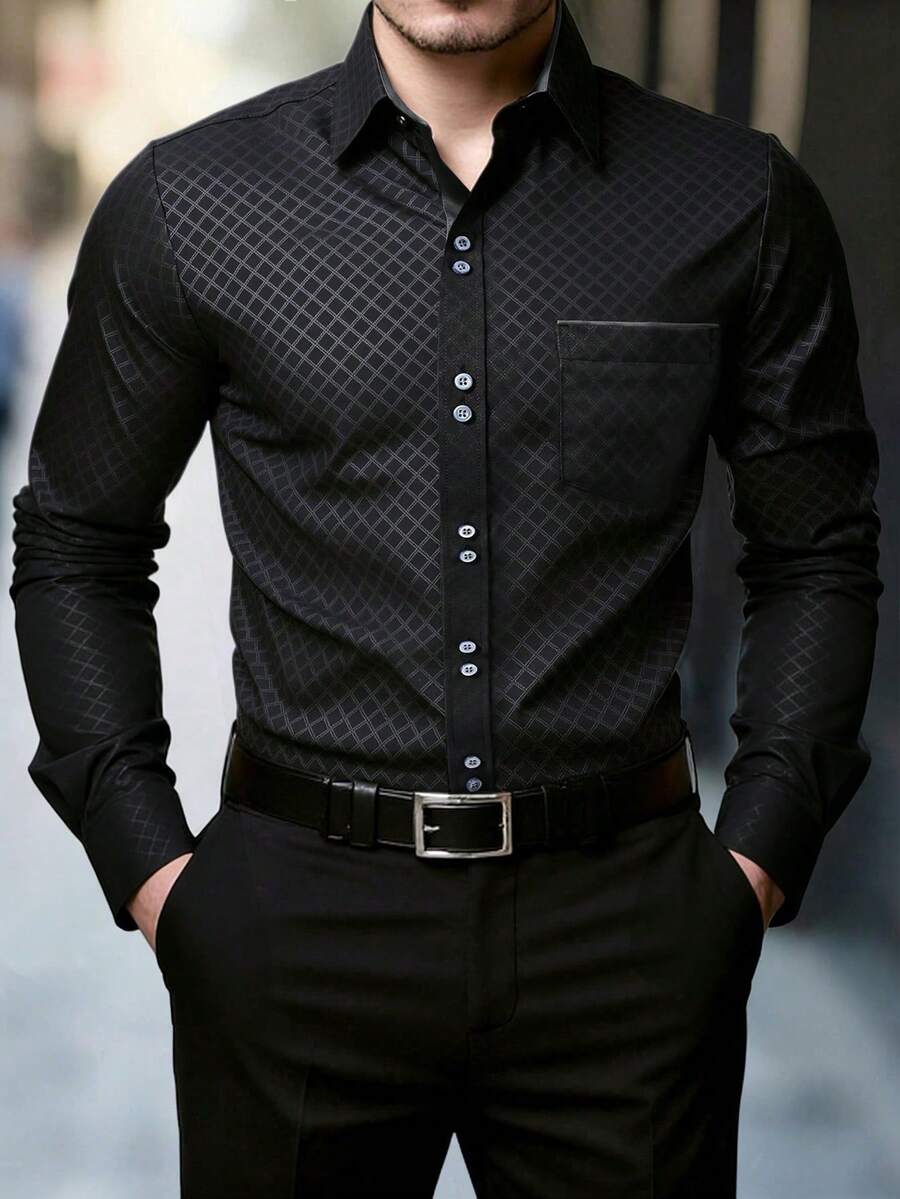 Manfinity Mode 男士纯色前扣口袋休闲商务长袖衬衫，男士黑白格纹撞色衬衫，时尚男士黑色菱形纹理衬衫，舒适长袖纽扣上衣，商务休闲男士衬衫，男士黑色衬衫，男士黑色正装衬衫 - 黑色 - 查看 1