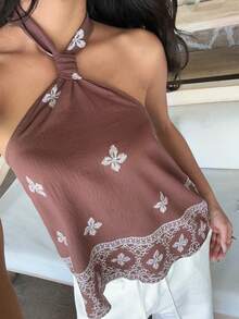 SHEIN EZwear Áo kiểu nữ cổ yếm buộc dây phong cách Bohemian - Cà phê nâu - Xem 7