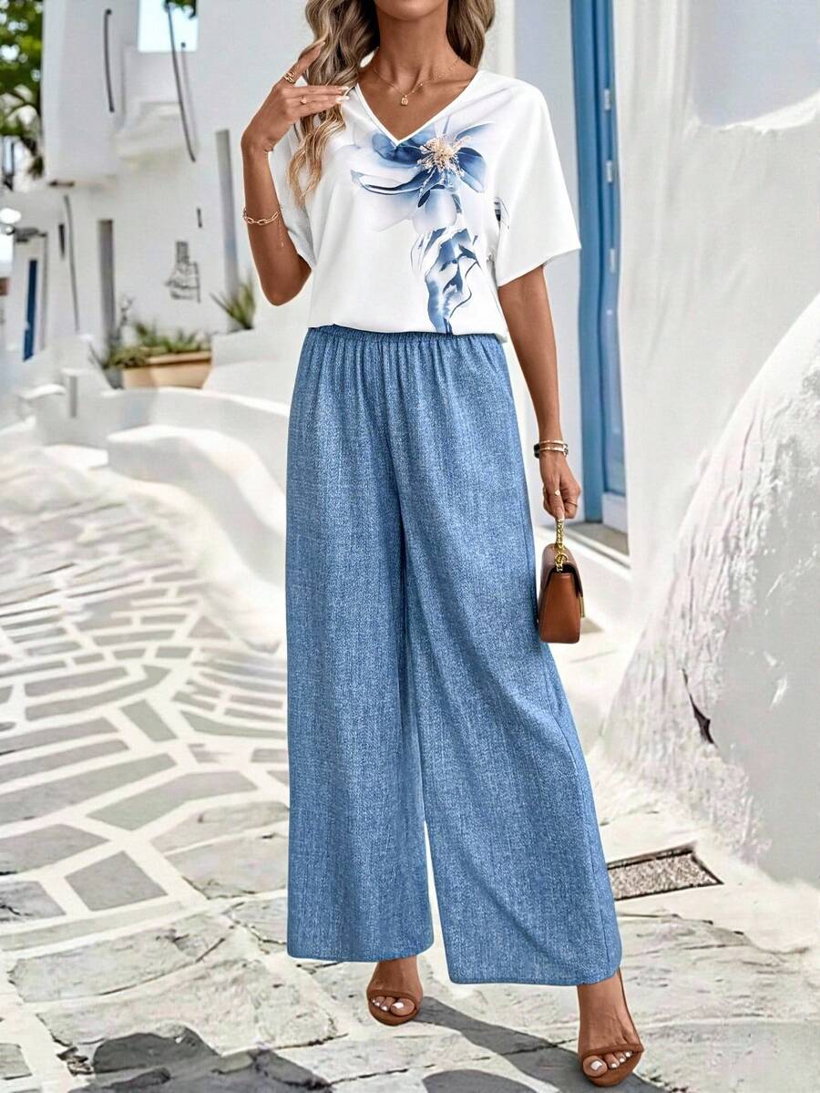 SHEIN Clasi 女士优雅V领上衣和阔腿裤树叶印花两件套 - 藍色 - 查看 1