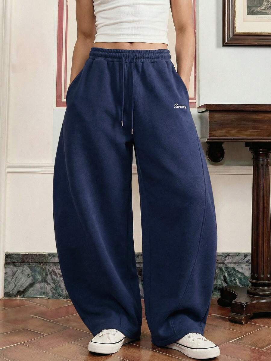 SWAVVY Men's Casual Loose Sweatpants With Embroidery, Navy Blue, Spring/Autumn/Summer - Navy Blue - View 1