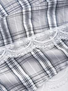 Sweetra 甜美女孩格子系列时尚露背泡泡袖修身A字撞色蕾丝夏季百搭连衣裙 - 彩色 - 查看 4