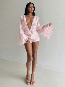 Aloruh 女士深V领提花休闲百搭日常衬衫 - 粉色 - 查看 6