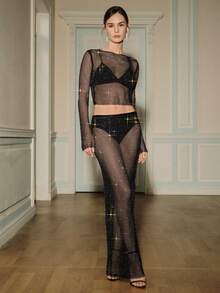 Anewsta High-End Design Black & Gold Rhinestone Mesh Long Sleeve Cropped Top, Mature Women's Theme Party Trendsetter Chic Outfit - Black - View 5