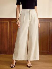 Vintamour Pantalon vintage classique élégant pour femme, fermeture à boutons ajustée avec poches, couleur beige, printemps/été - Nude - Voir 7