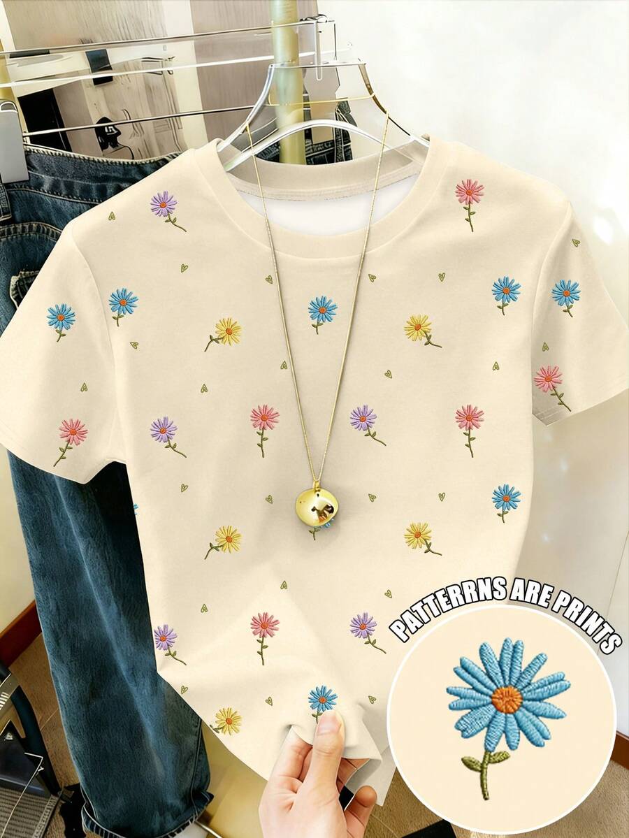 Resyla Floral Print Short Sleeve T-Shirt, Summer T-Shirt, Refreshing Ladies Top, Aesthetic Tee - Multicolor - View 1