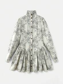 NYA SZN Women's Floral Print Single-Breasted Long Sleeve Ruffle Hem Denim Dress - Multicolor - View 8