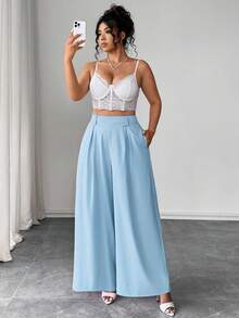 Elenzga Plus Size Solid Color Pleated Pocket Loose Casual Pants Fall - Baby Blue - View 5