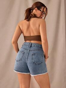 SHEIN Women High Waist Mid-Washed Frayed Hem Casual Denim Short - Medium Wash - View 2